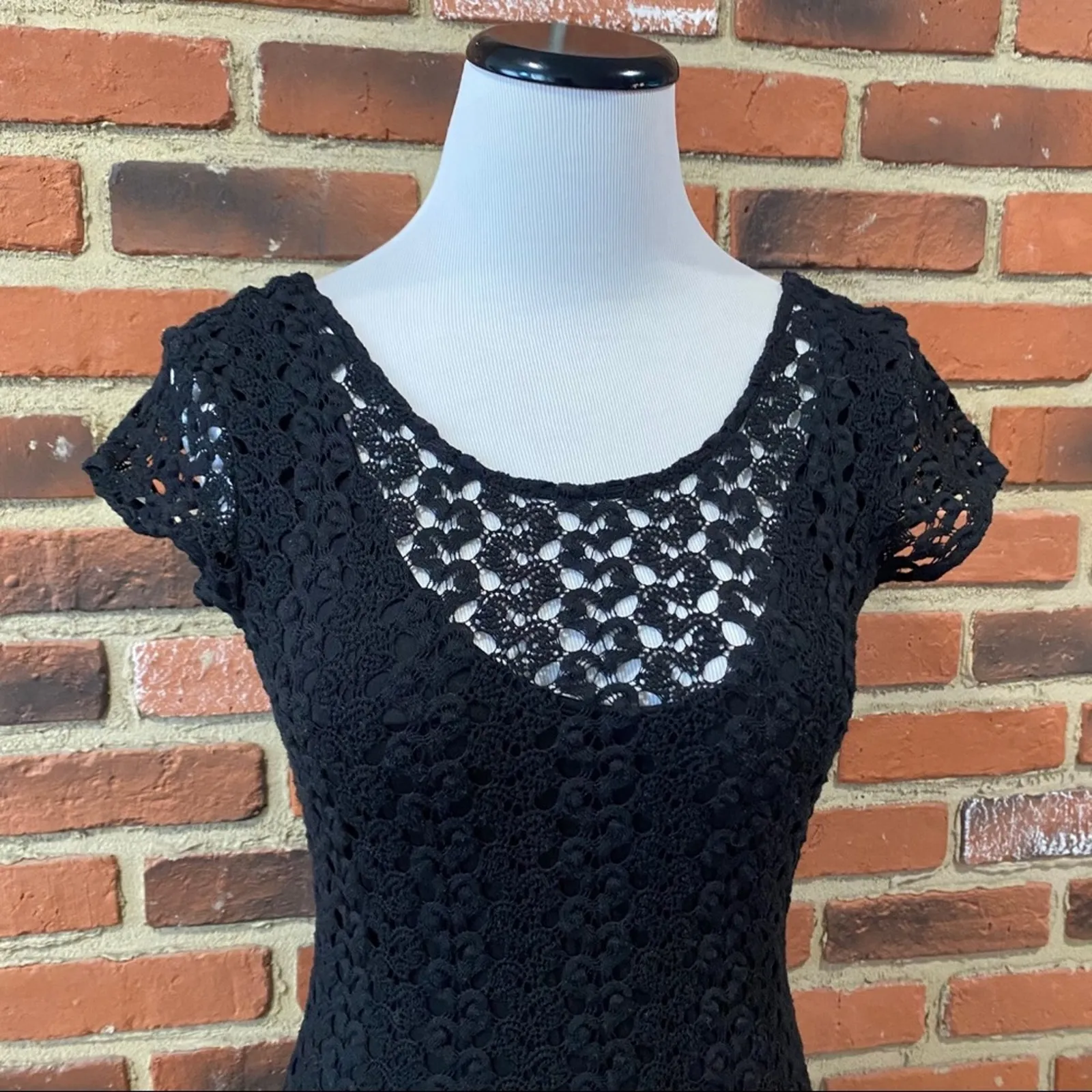 Free People Black Lace Dress Sz XS Short Sleeve Black Knit Dress Goth Emo Dress - Image 2