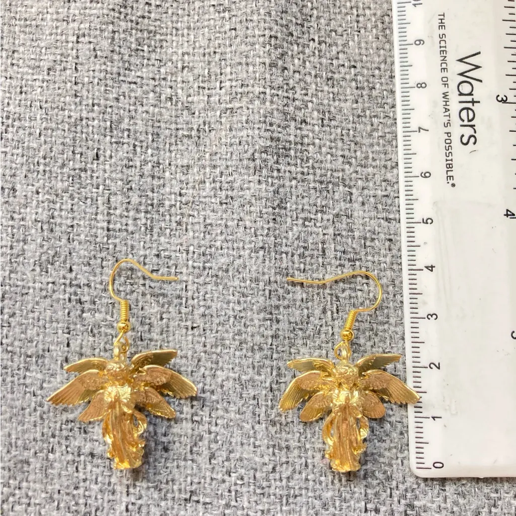 Aged Gold Angel Earrings Vintage Look Six Wings Baroque‎ Style Dangle new - Image 5