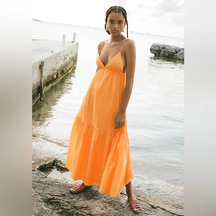 NWT Faithfull the Brand Willonna Cotton Tiered Midi Dress Mango Orange Size 10 - Image 2