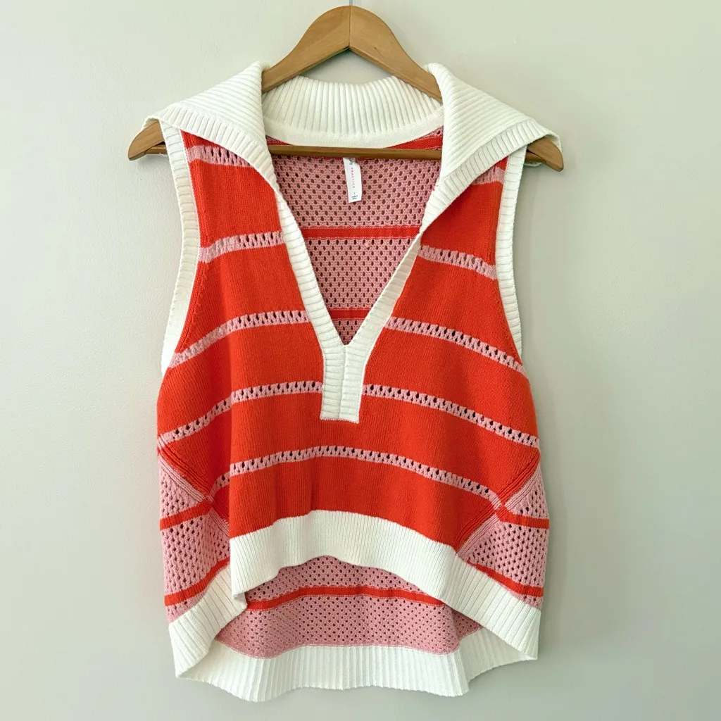 Daily Practice by Anthropologie Buoy Collared Sweater Vest Crochet Knit Size L Orange Size L - Image 12