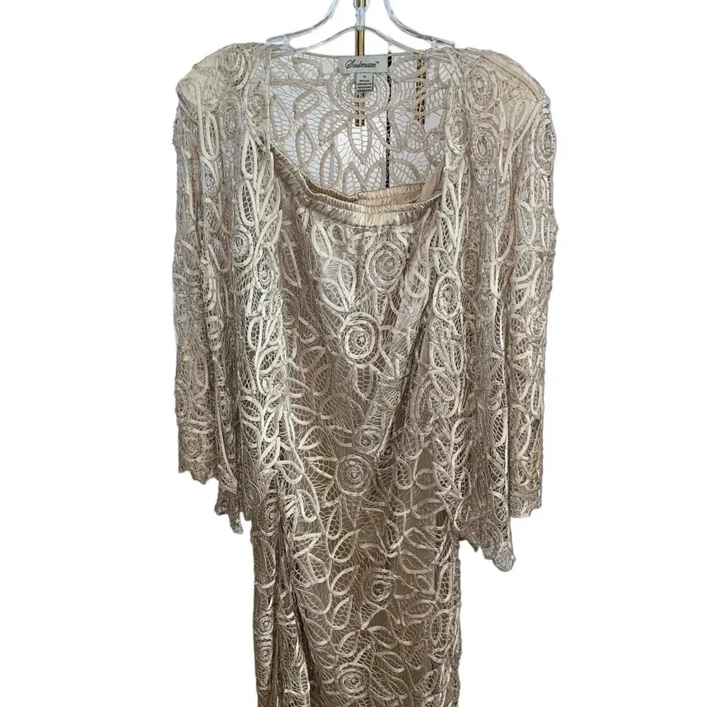 soulmates champagne Hand crafted silk ribbon beaded 3 Piece Evening Gown MOB MOG Tan Size M - Image 8