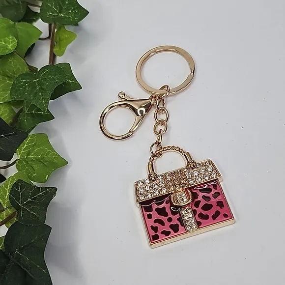 Gold with Pink Animal Print Purse Keychain Purse Charm - Image 1