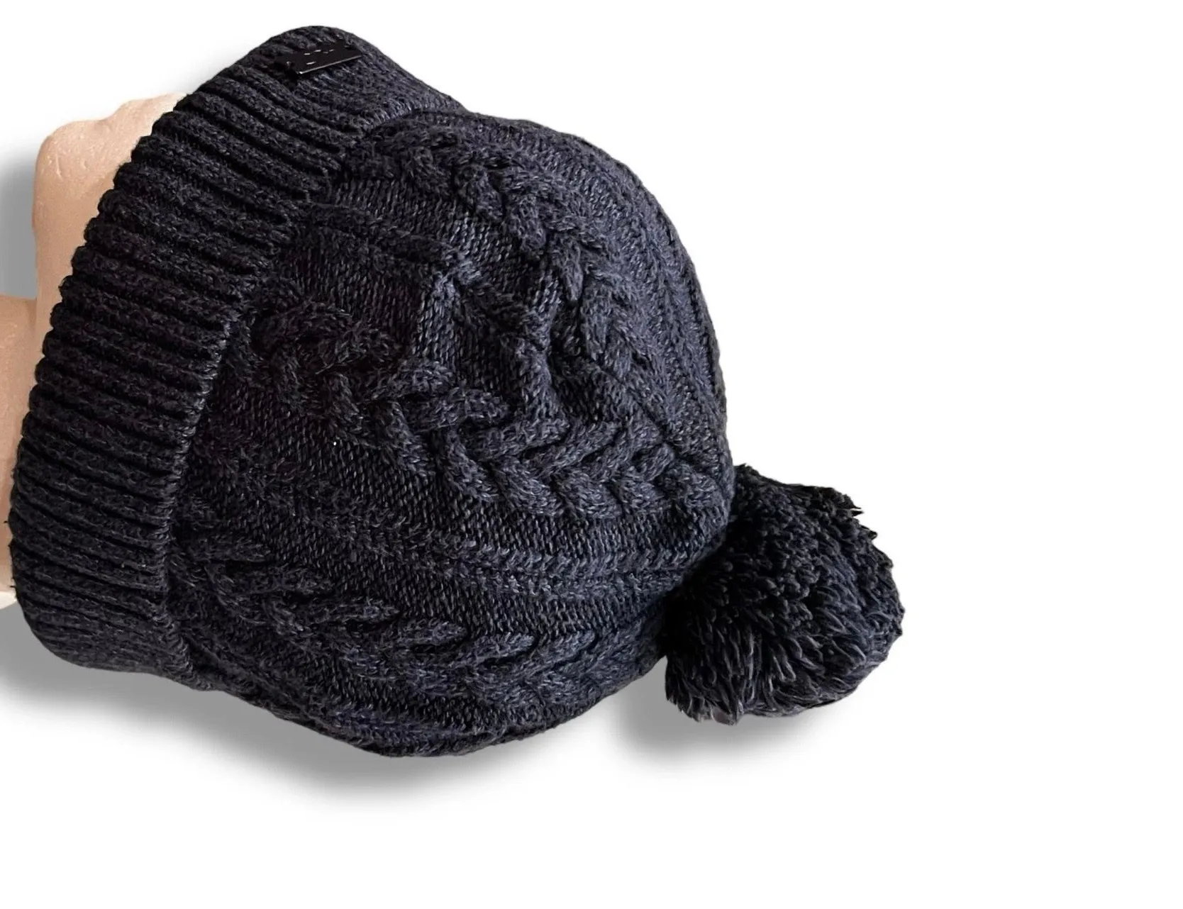 Abercrombie and Fitch Navy Cable Knit Hat Winter Cap Beanie Preppy Ski Pom Pom - Image 2