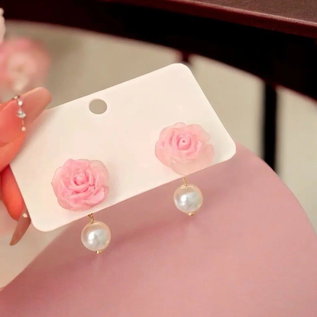 Cute Pink Rose Flower Stud Earrings with Pearlescent Bead Alloy‎ Crafted Floral - Image 3