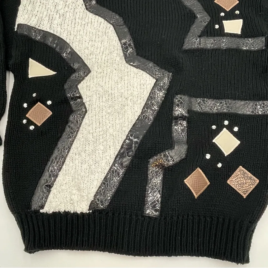 Vintage 80s Sweater Funky Abstract Faux Leather Geometric‎ Mock Neck Women Black Size L - Image 5