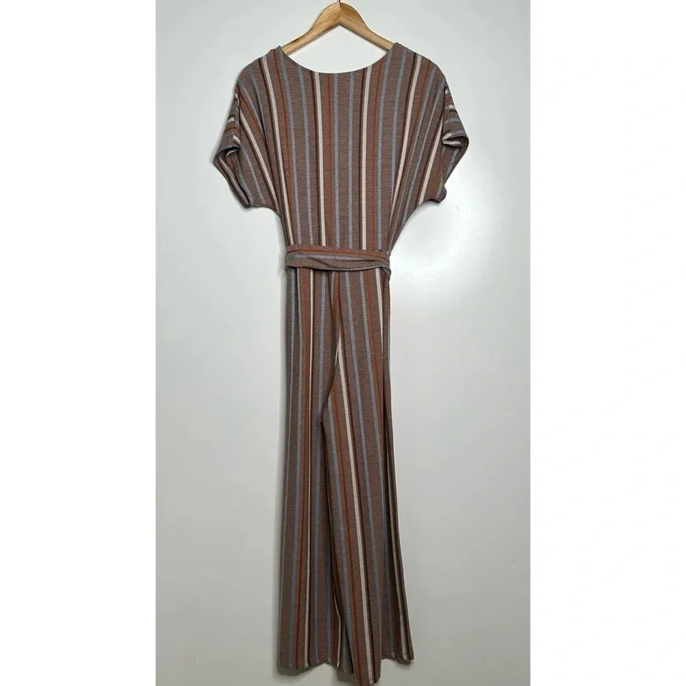 ZARA Autumn Striped Rustic V-Neck Belted Jumpsuit Size Medium - Image 8