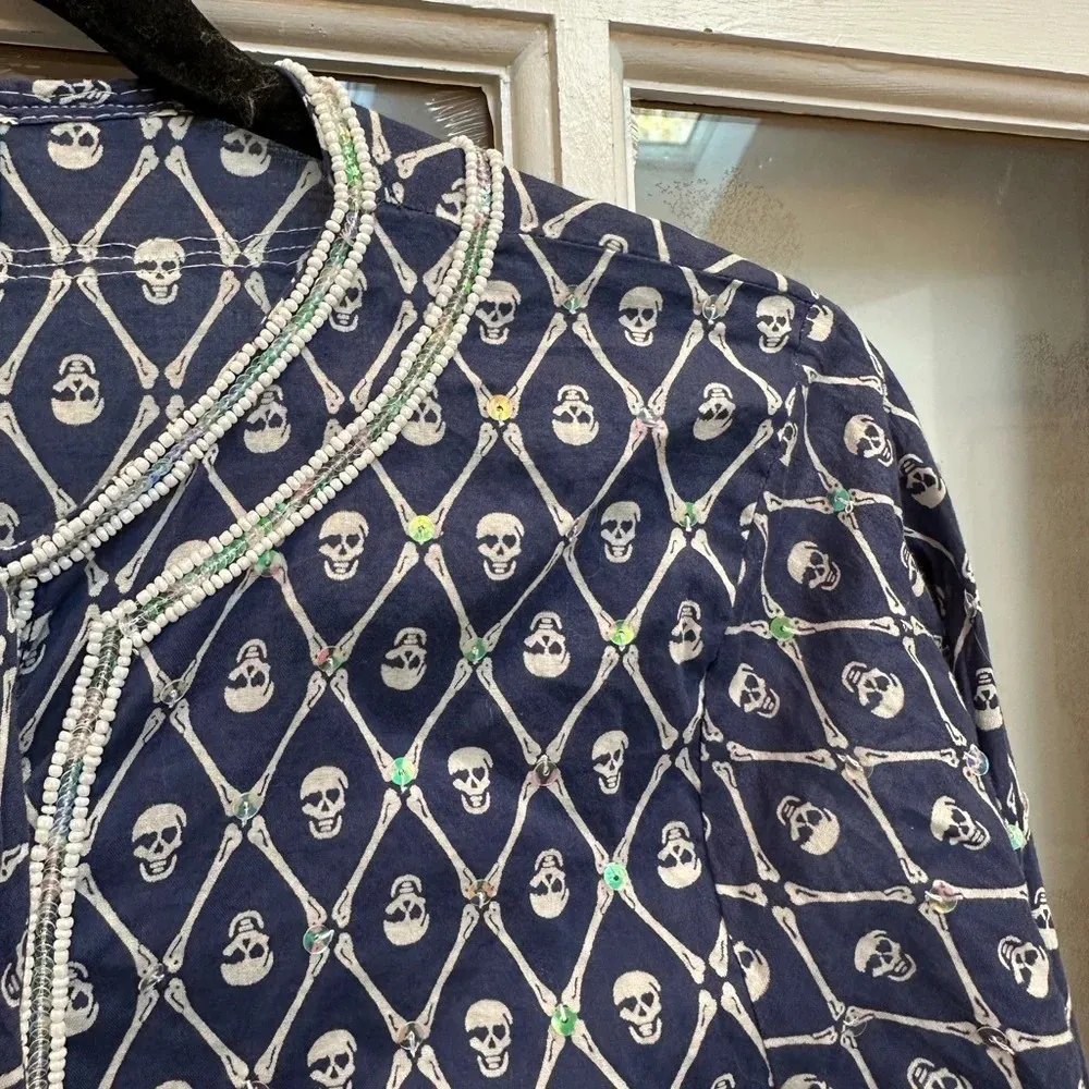 Letarte Skull Tunic Coverup Dress Navy Blue Sequin Bead 3/4 Sleeve Blouse Size S White - Image 4