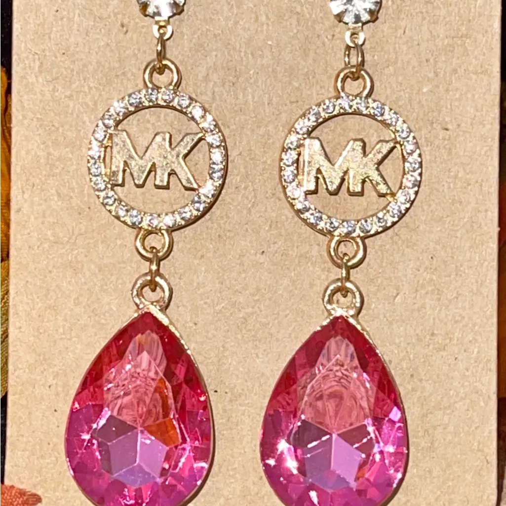 MK Gold and Pink Teardrop Earrings - Image 2