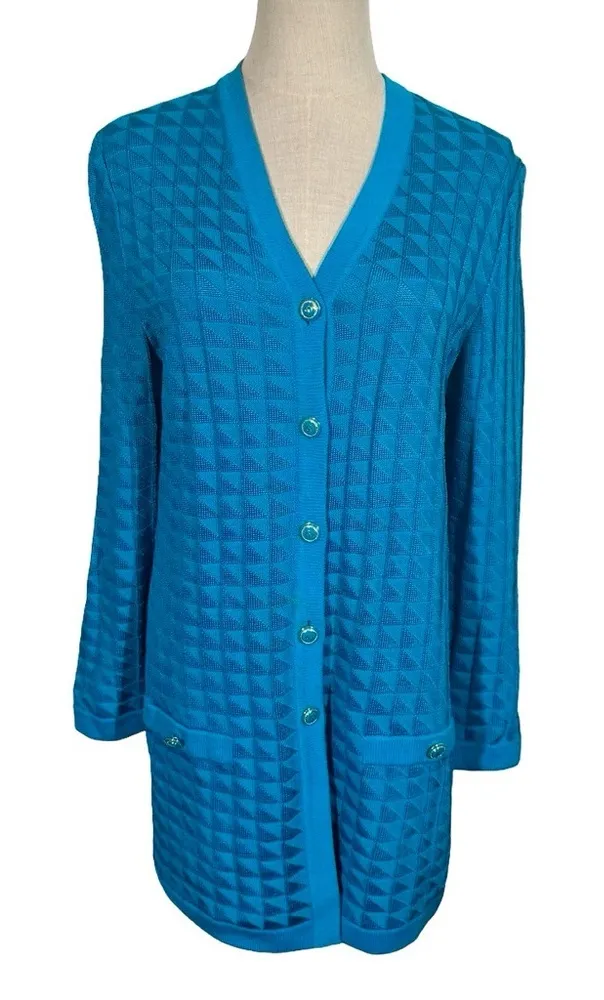 St. John Collection Textured Triangle Long Cardigan Sweater Jacket in Turquoise - Image 1