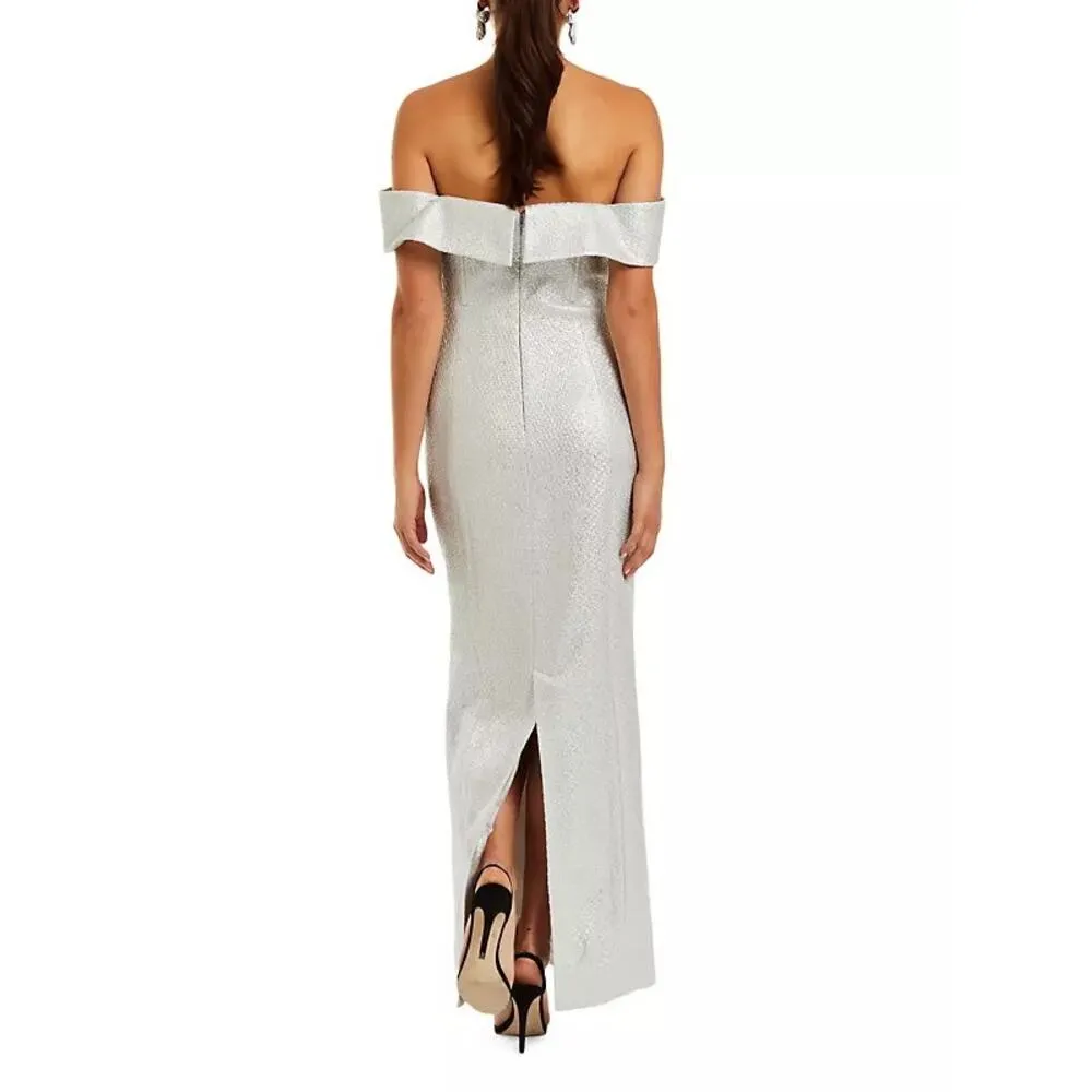 Mestiza New York Mona Silver Metallic Tweed Off the Shoulder Formal Gown 14 - Image 2