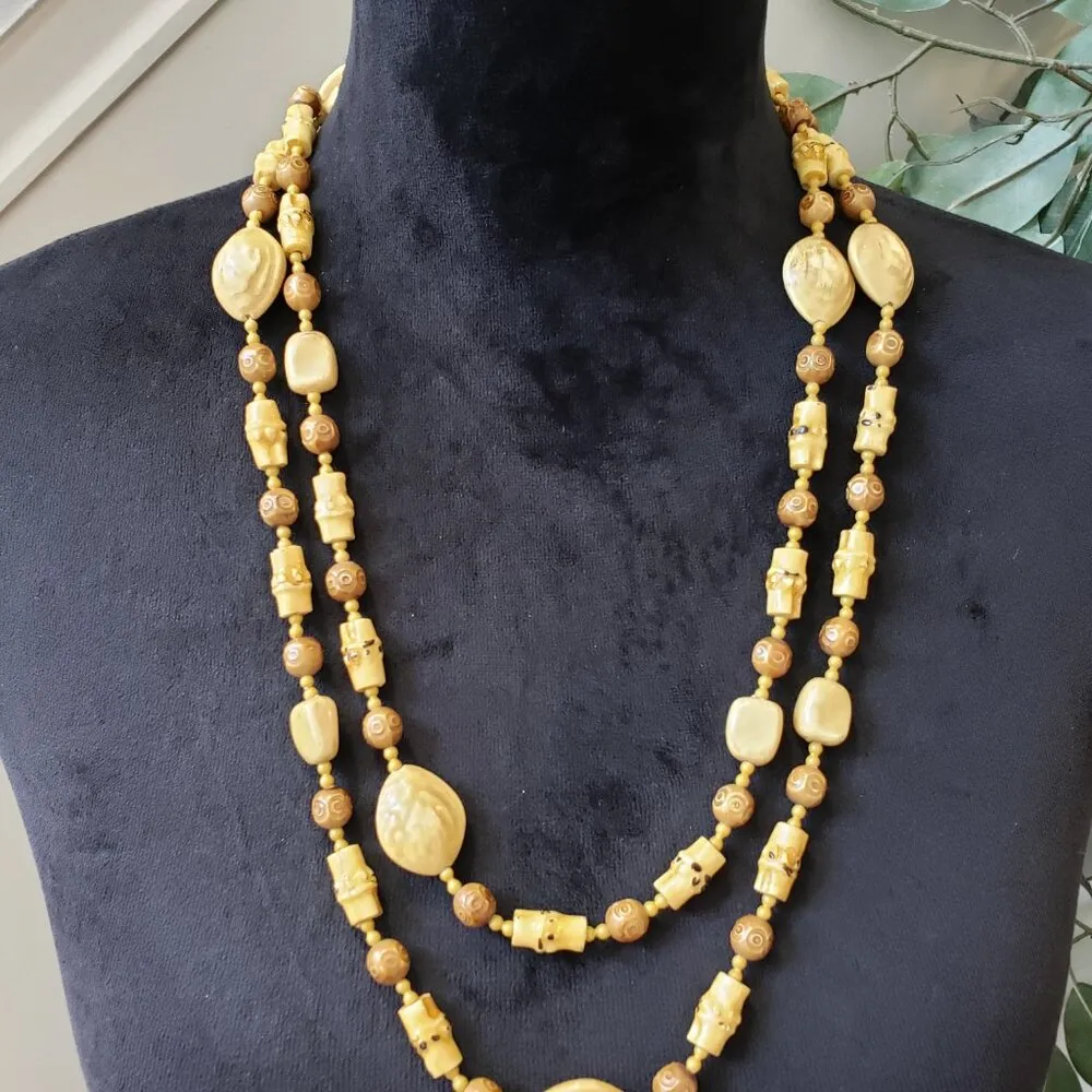 VTG Women Fashion 2 Strand Art Deco Carved Marbled Beads Necklace w/ Spring Ring Yellow - Image 2