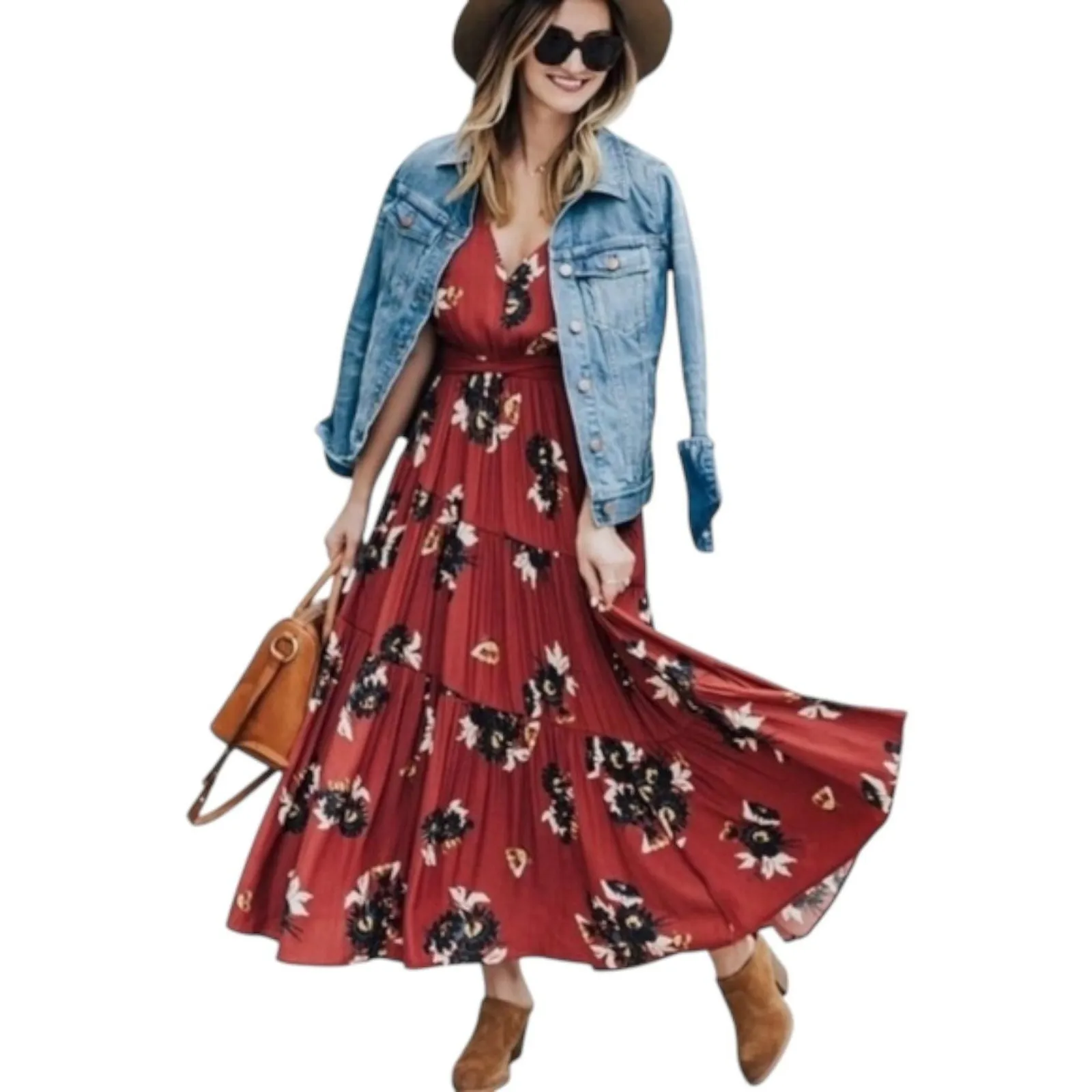 Free People Dress Womens 10 Red Floral Tiered V Neck Belted Maxi Boho - Image 16