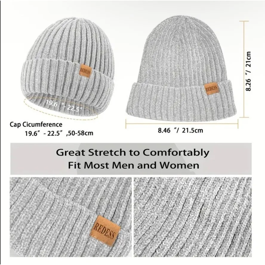 Chenille Winter Cozy Gray 3pc Set Long Scarf Touchscreen Gloves Beanie Hat Cap - Image 7