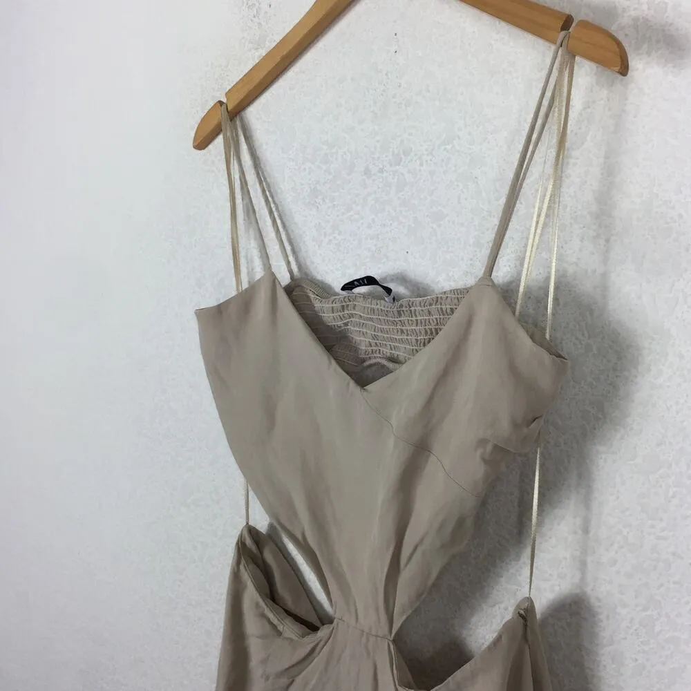 Zara Cream Cut Out Midi Dress Large Smocked Sleeveless Summer Lightweight - Image 7