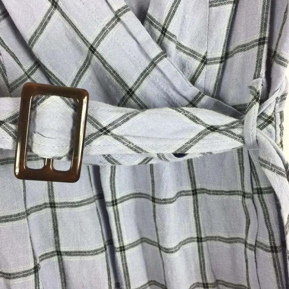 Urban Outfitters Amanda Linen Mini Dress XS Purple Plaid Check Belted Wrap - Image 7