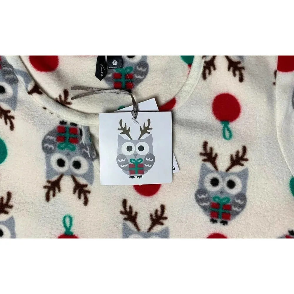 Kensie Super Soft Fleece Ivory Holiday Owl Print Nightie Pajamas with Hat Size S - Image 6