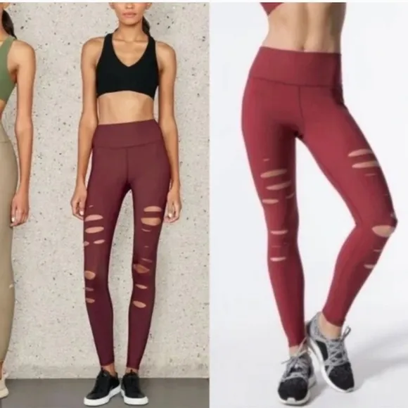 Alo Yoga Warrior Ripped Distressed Red ActiveWorkout Leggings Small - Image 2