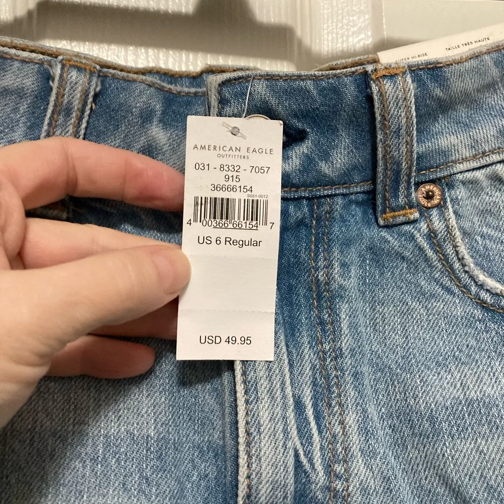 American Eagle New Super High Rise Light Wash Distressed Denim Mini Skirt - Image 4