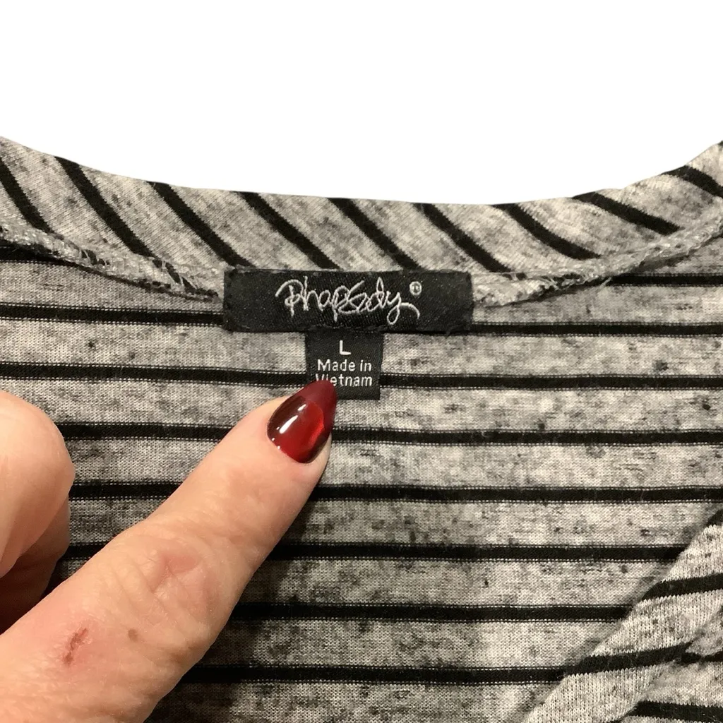 Rhapsody Women’s Black and Gray Striped V-Neck Tee - Image 5