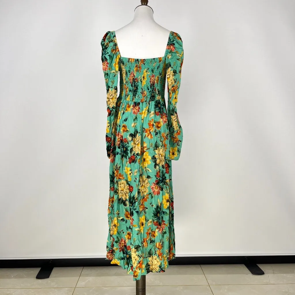 NWOT JOHNNY WAS Bonita Teal Floral Square Neck Puff Sleeve Midi Dress Sz S - Image 3