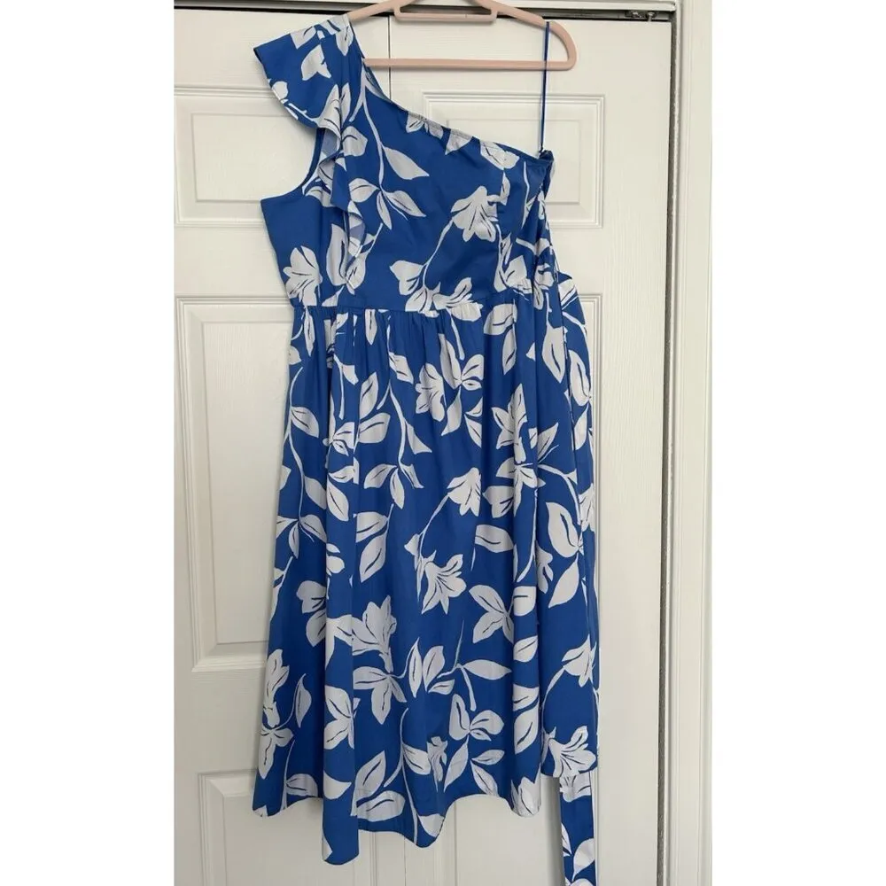 J.Crew One Shoulder Midi Dress Blue Floral Ruffle Pockets Cotton Tie Waist Sz 20 - Image 3