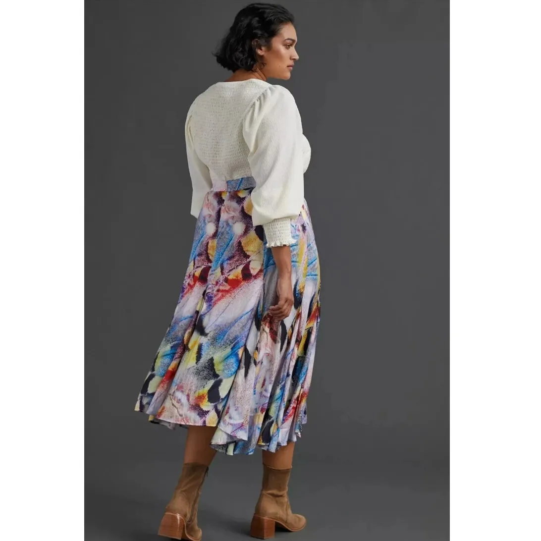 Anthropologie A-Line satin feel vibrant colorful Watercolor midi skirt Size 0 P - Image 5