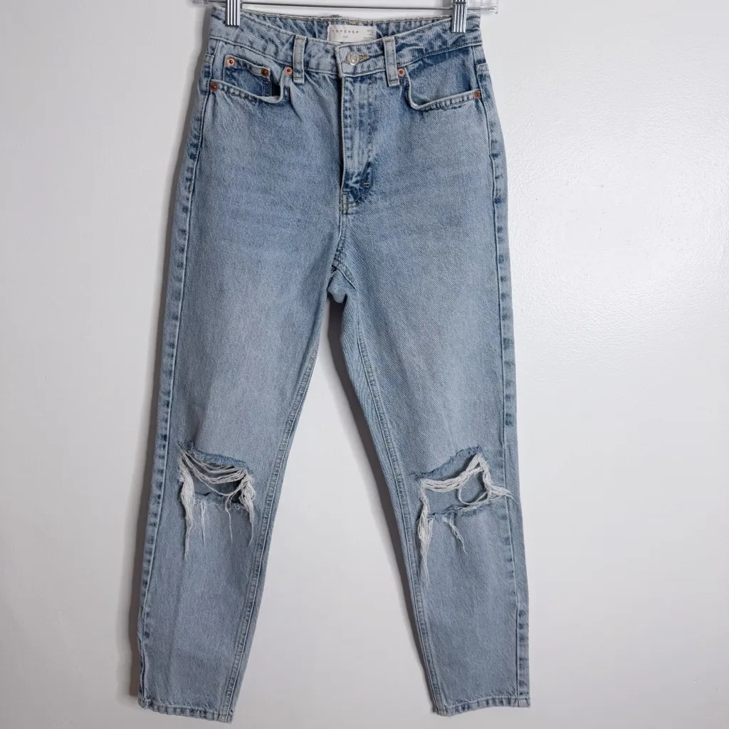 Topshop Mom High Waisted Jean Ripped Knees Size 25 Light Wash Blue - Image 2