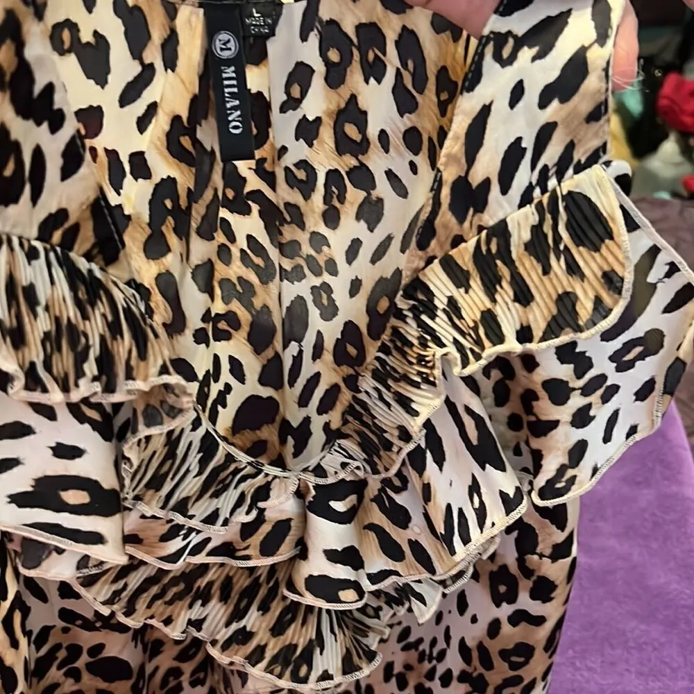 Milano size large leopard print sleeveless blouse with ruffles EUC Tan - Image 8