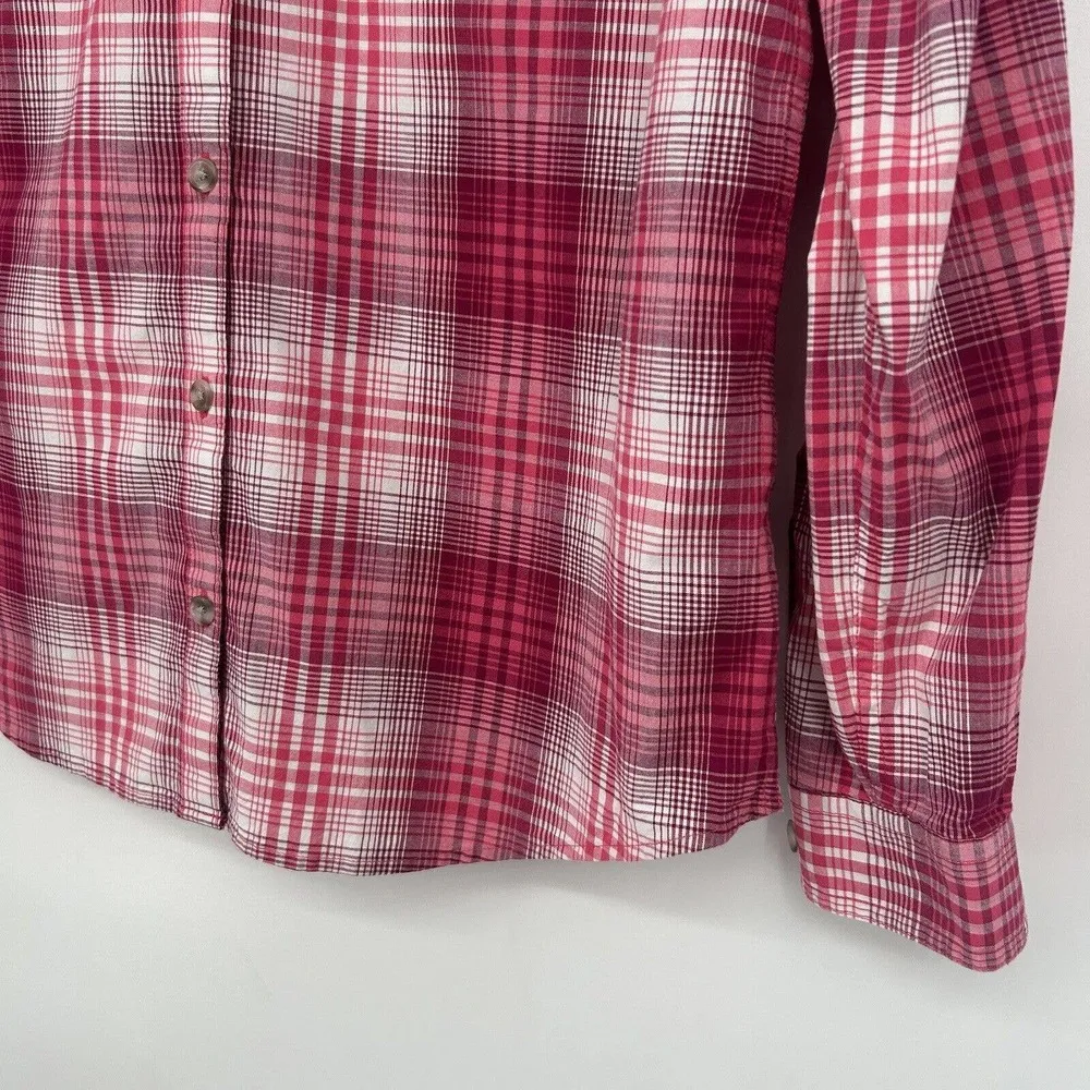 Cabelas Pink Plaid Button Up Shirt Long Sleeve Pockets Stretch Collared Size M - Image 3