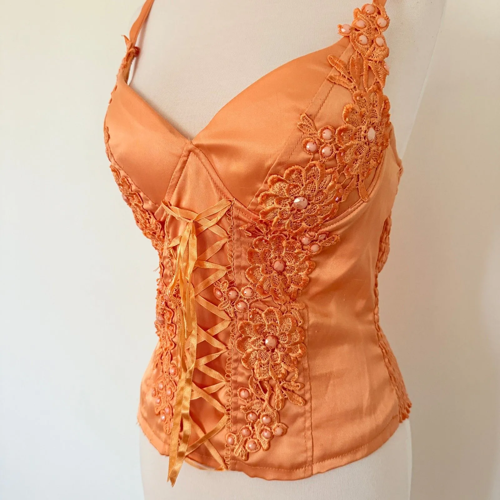 VTG Y2K Orange Satin Lace Applique Ribbon Detail Corset Bustier Top Bridgerton Size undefined - Image 4