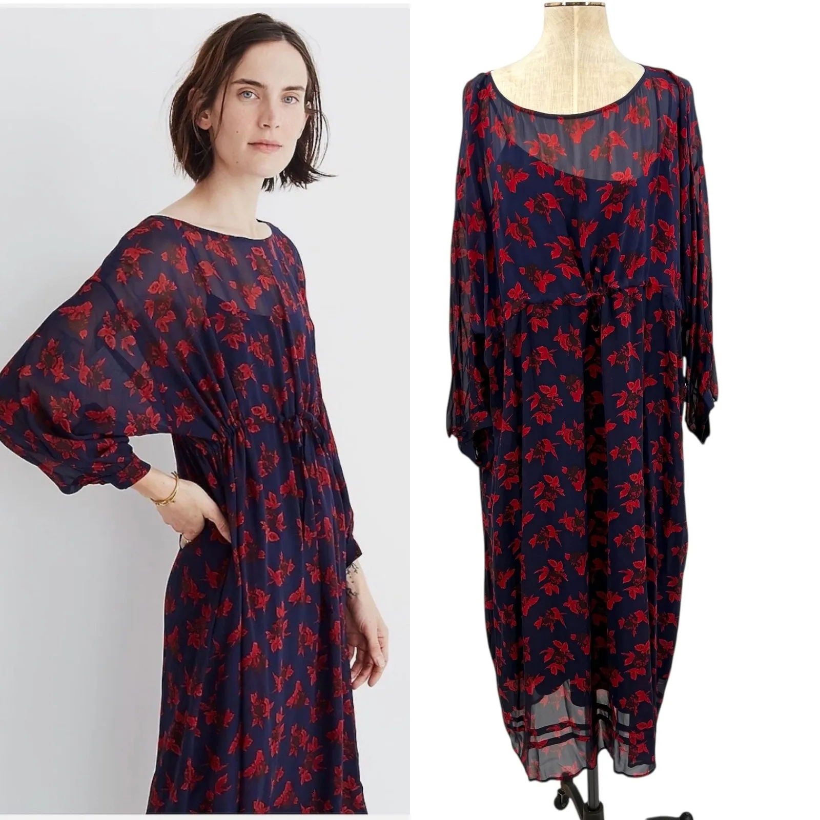 Madewell No.6 Silk Magical Dress Vintage Rose‎ Floral Print Blue Red Size 14 - Image 2
