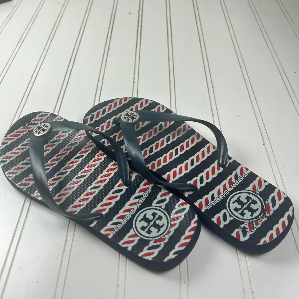 Tory Burch Rope Stripe Logo Flip Flops Navy Red White Size 7 - Image 4