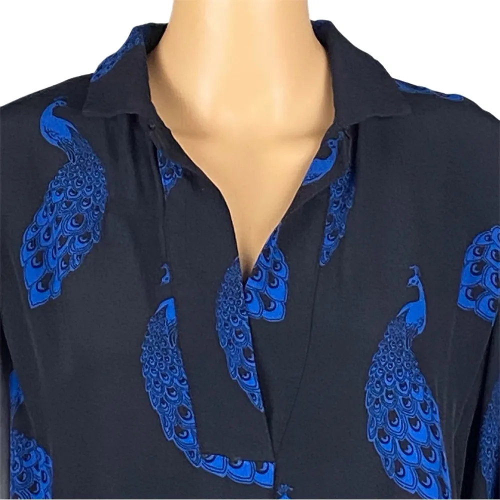 ANN TAYLOR black shirt dress with royal blue peacocks throughout Size Medium EUC - Image 2