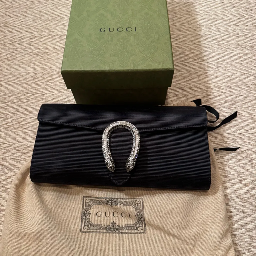NWOT Gucci Black Dionysus Embellished Textured-Satin Clutch - Image 7