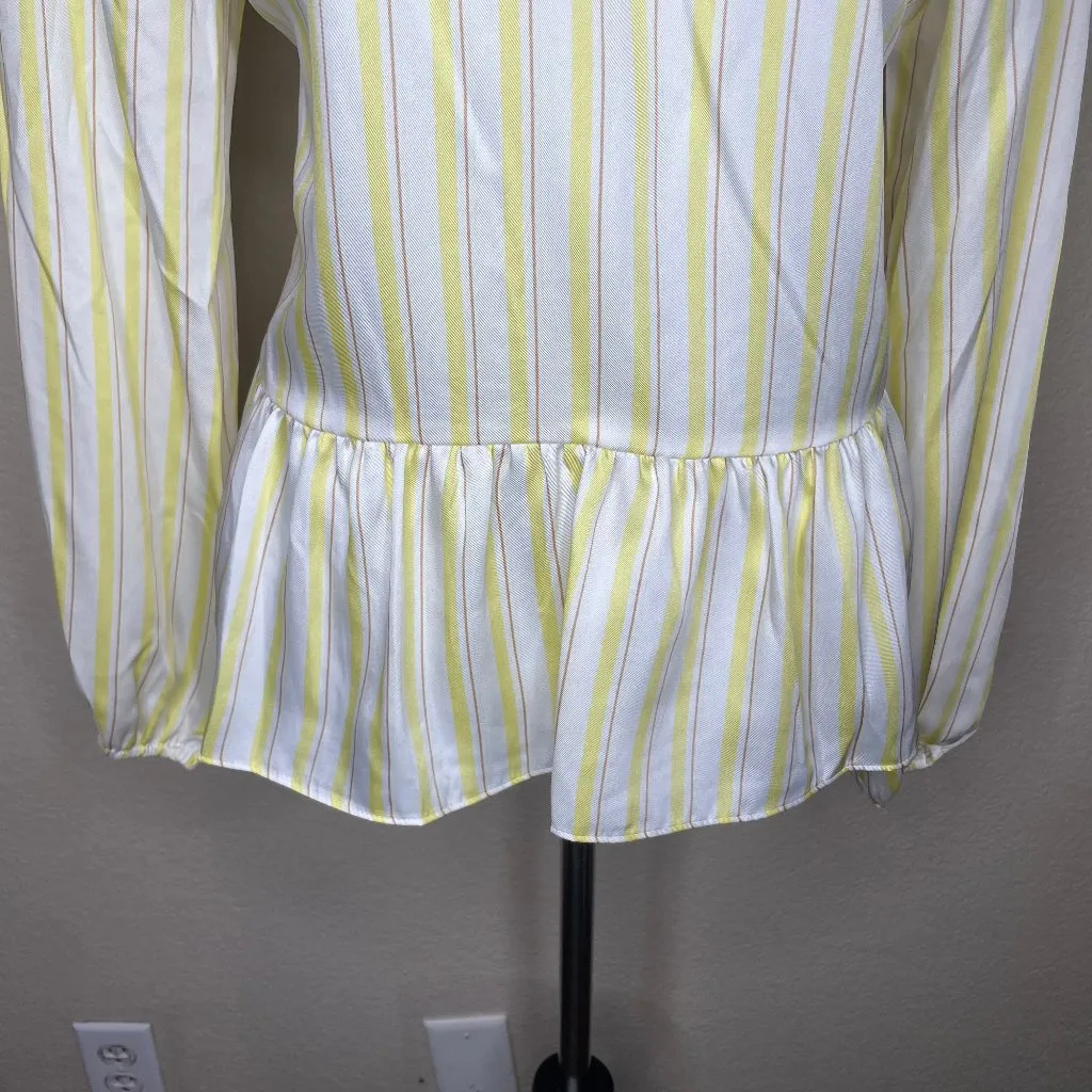 Women's Butter Yellow White Striped Peplum Balloon Sleeve Blouse Large - Image 6