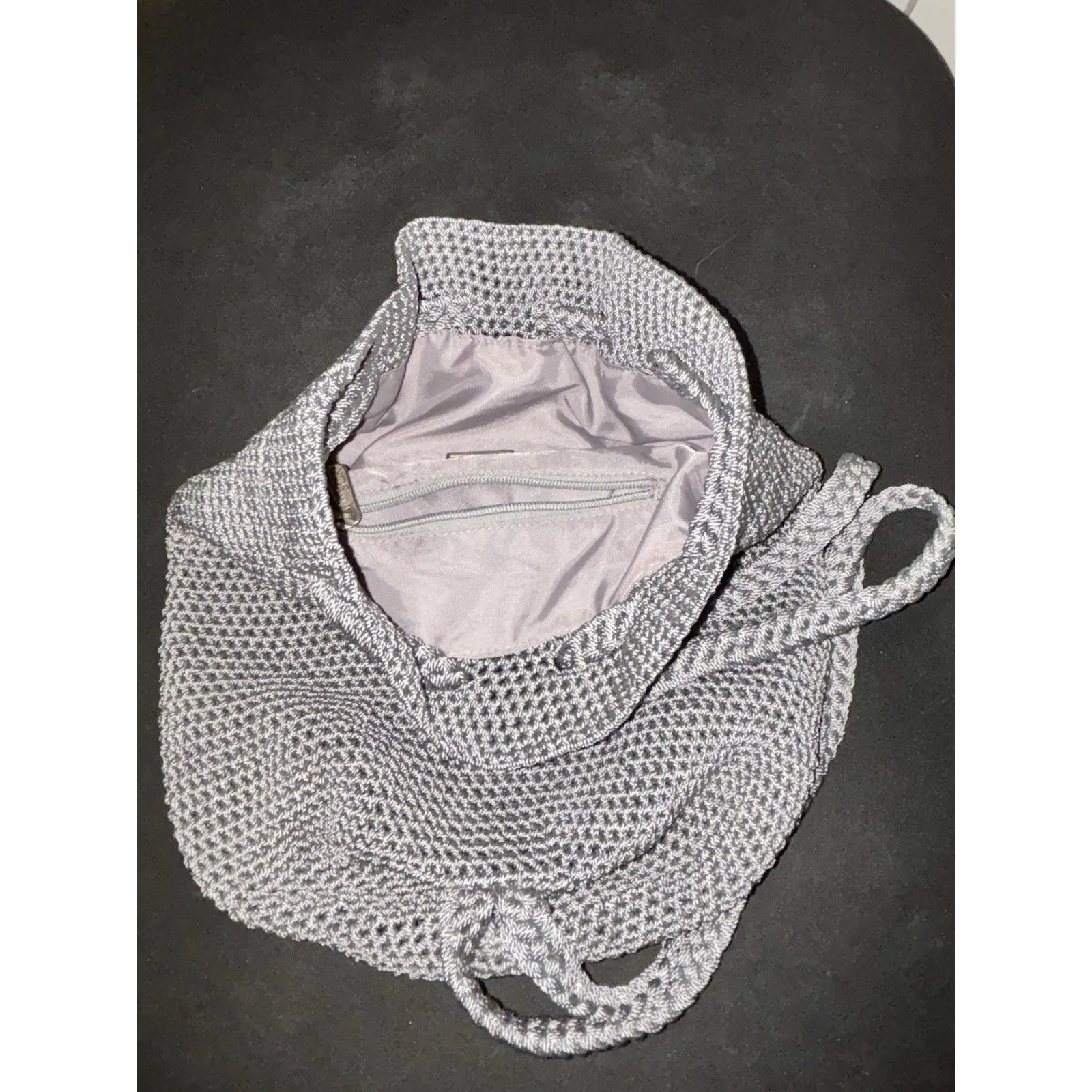 The Sak Bohemian Gray Crochet Drawstring Backpack Bucket Bag Purse - Image 5