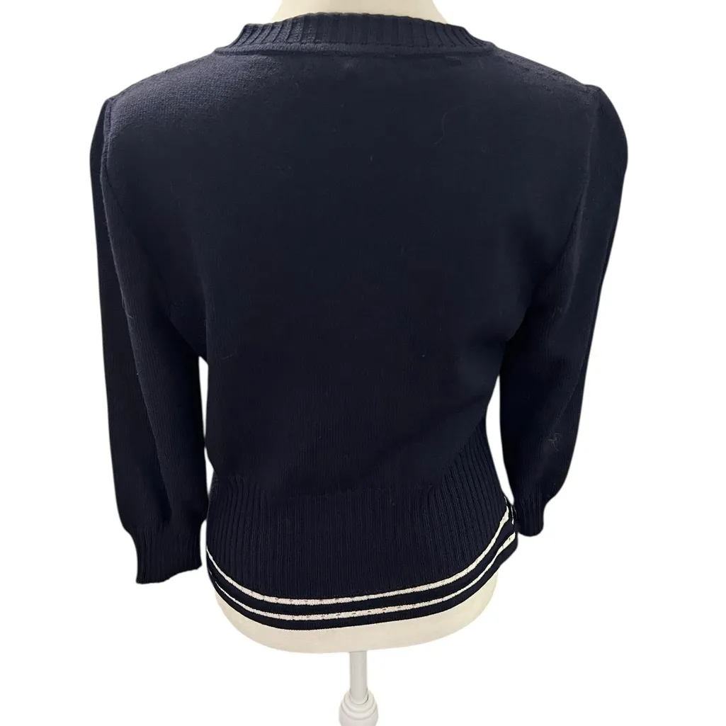 St. John Sport Navy Wool Blend Nautical Sweater Size P Coastal Preppy Old Money Blue - Image 5