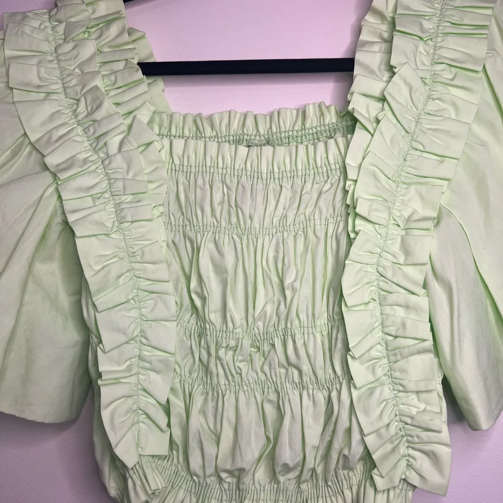 Zara Green Ruffle Crop Top L Cotton Smocked Puff Sleeve‎ Cottagecore - Image 3
