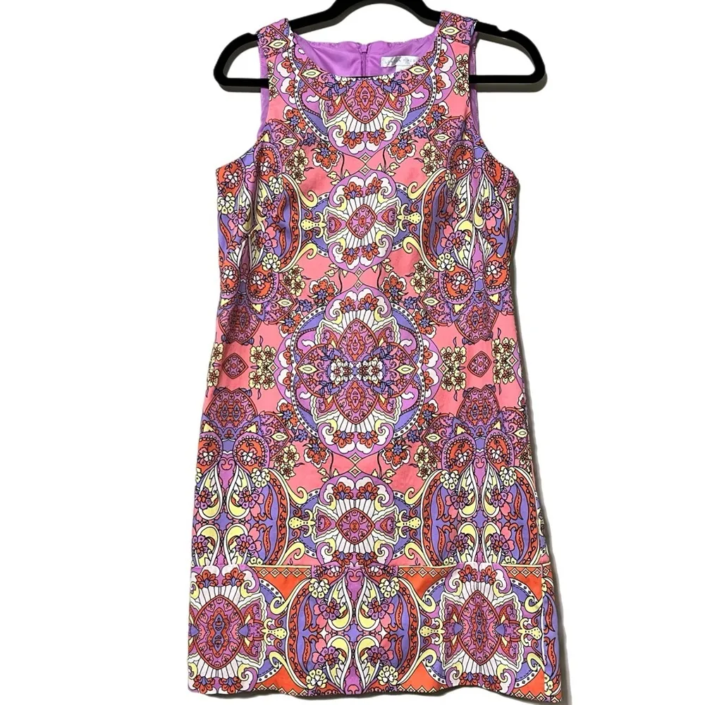 LONDON TIMES size 8 women's shift dress cotton coral and purple vacation zips up - Image 10