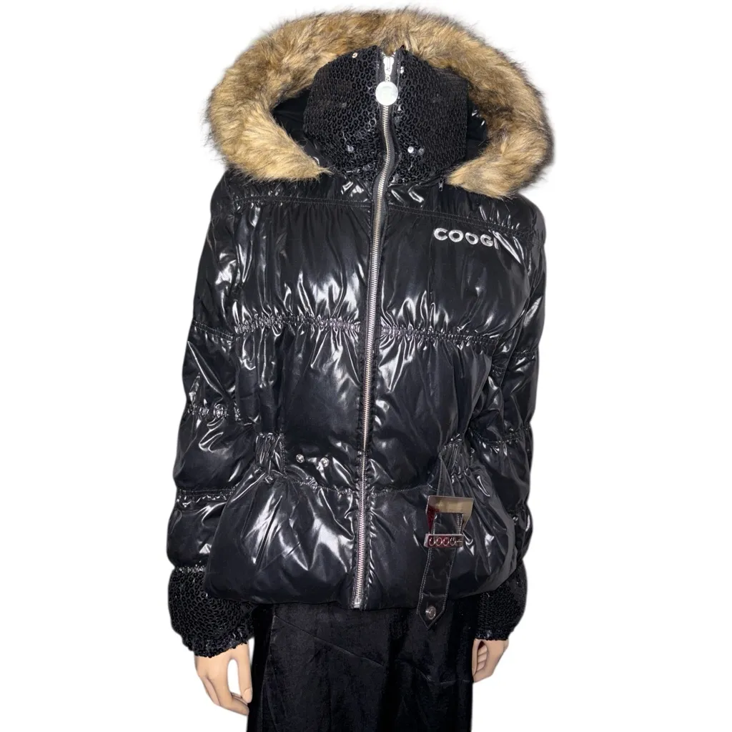 COOGI women’s Shiny Black Jacket with Faux Fur Trim size L - Image 12