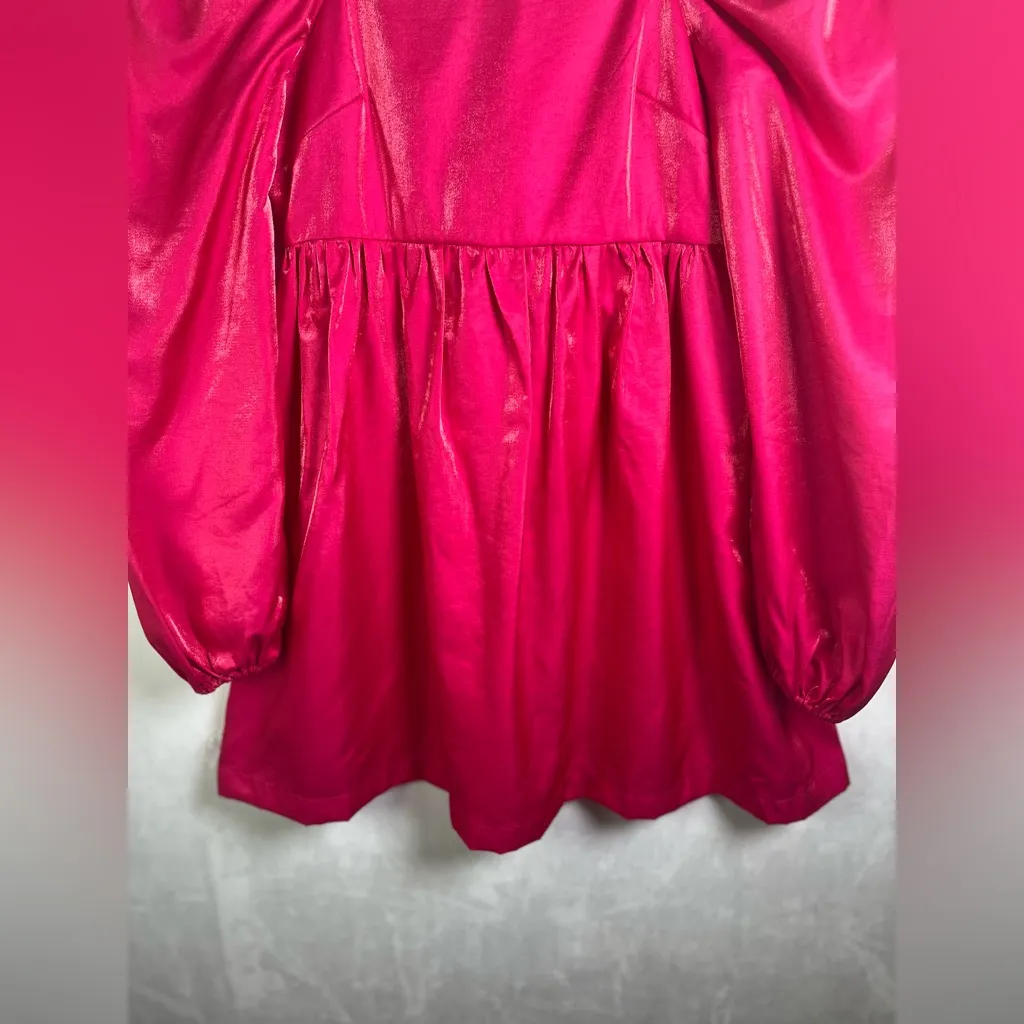 Lalavon Women’s Hot Pink Puff Sleeve Shiny Fairy Babydoll Mini Dress Size Small - Image 5