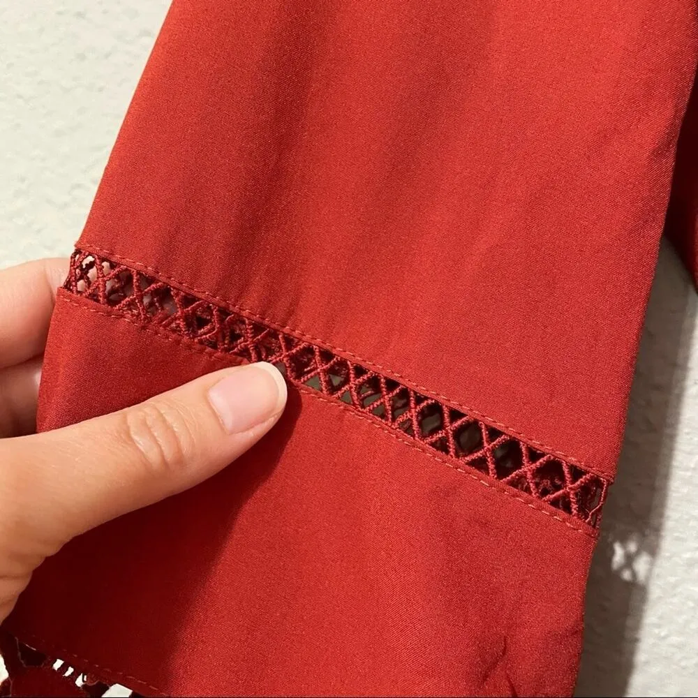 Lulumari Red Balloon Sleeve Cut Out Wrap Blouse Womens Small Crochet Boho Casual - Image 8