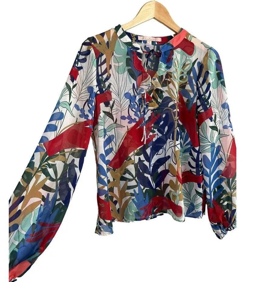 NEW Anthropologie Hutch Floral Meadow Top White Red Blue Blouson Blouse Small - Image 4