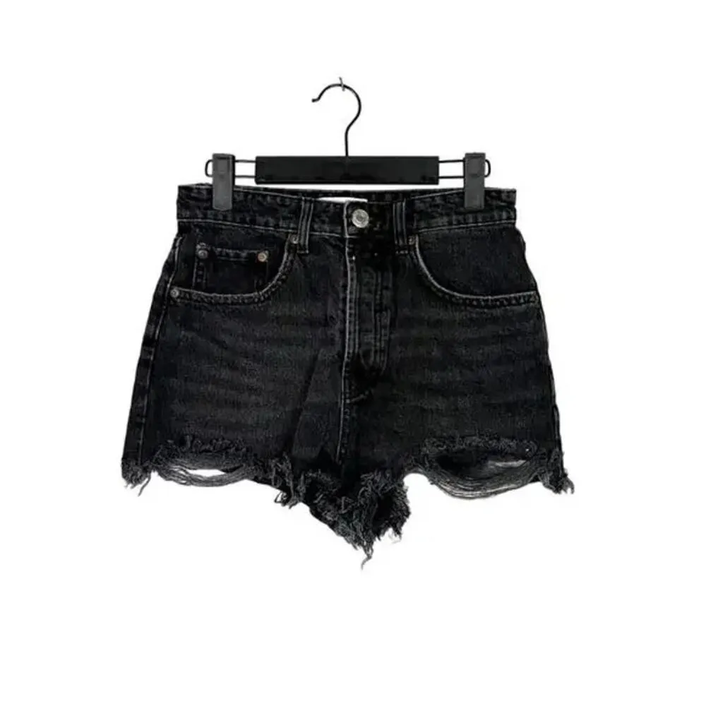 ZARA Cutoff Distressed Jean Shorts Raw Ripped Hem High Rise Pockets 4 Wash Black - Image 13