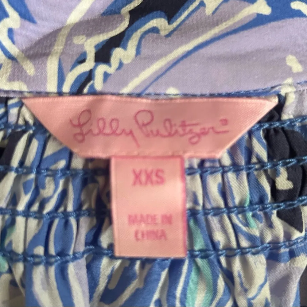 Lilly Pulitzer Blue Print Silk Elsa Long Sleeve Blouse Coco Safari Preppy XXS. - Image 5