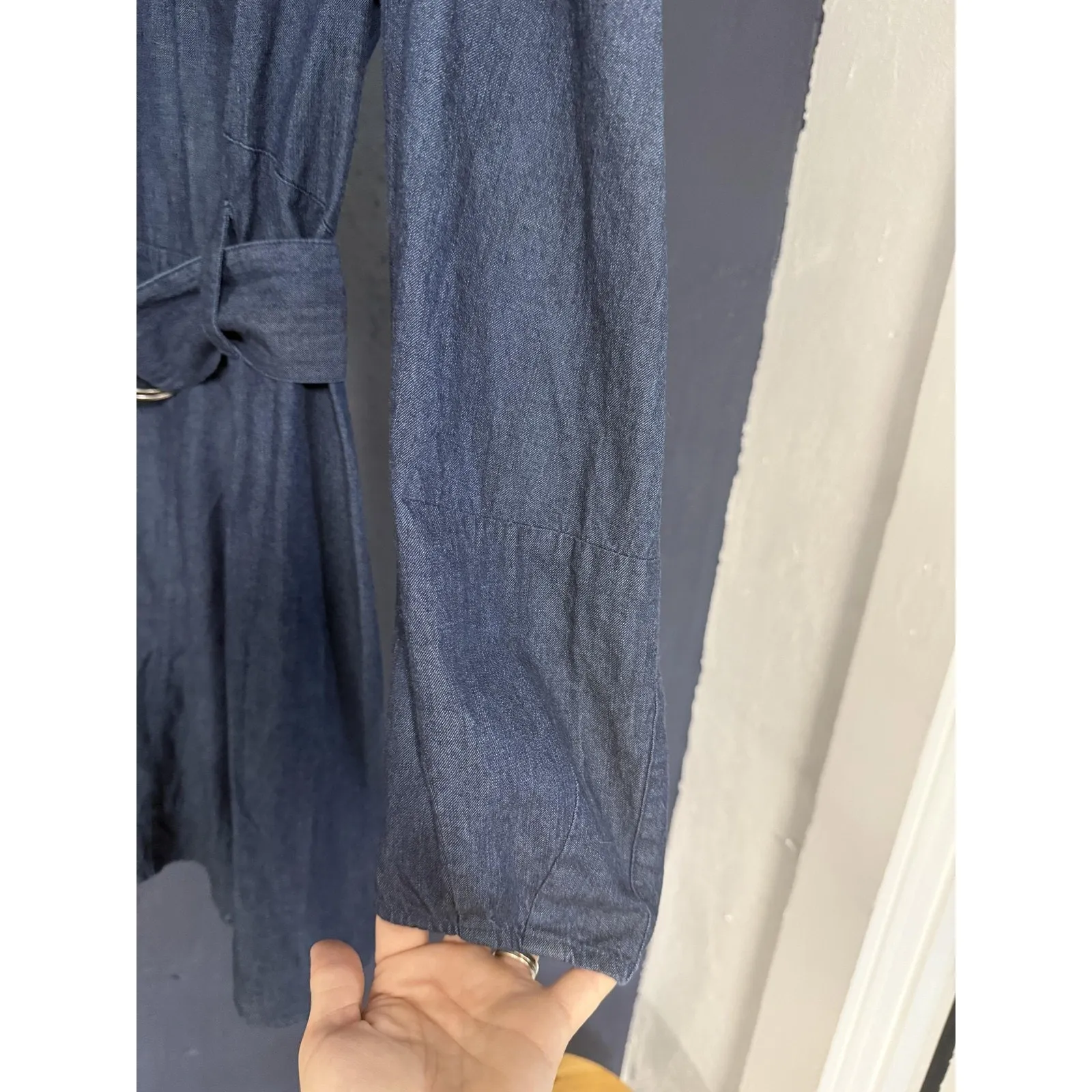 Free People Dress Womens Medium Blue Belted Long Sleeve Denim Mini Zip Back - Image 6