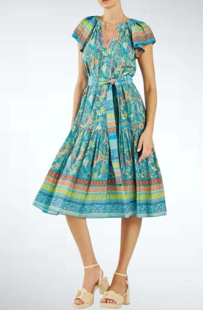 Size S Anthropologie Current Air Paisley Border Print Midi Dress in Blue/Orange - Image 2