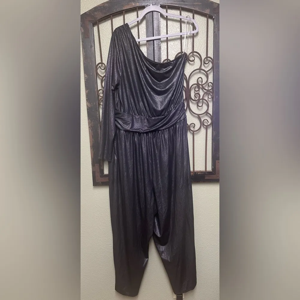 one shoulder pull on metallic black jumpsuit - Image 4