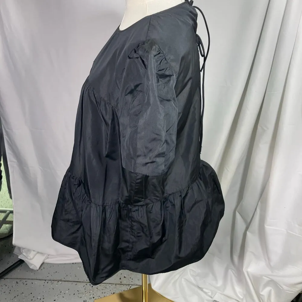 ZARA Black Puff Sleeve Peplum Blouse Small Short Sleeve Tie Back Lightweight New - Image 6