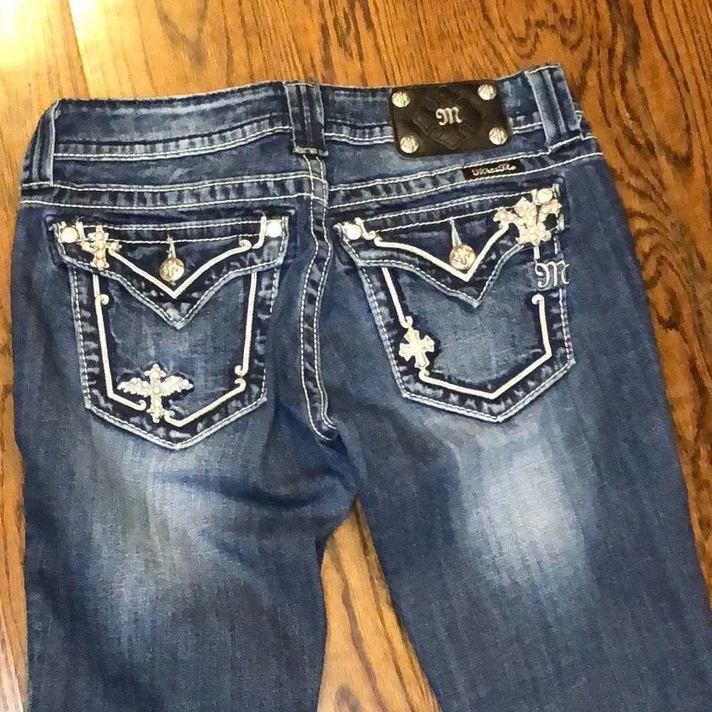 MISS ME Dark Wash Embellished Boot Cut Denim Low Rise Jeans Size 28x31 TAG 28x34 - Image 6